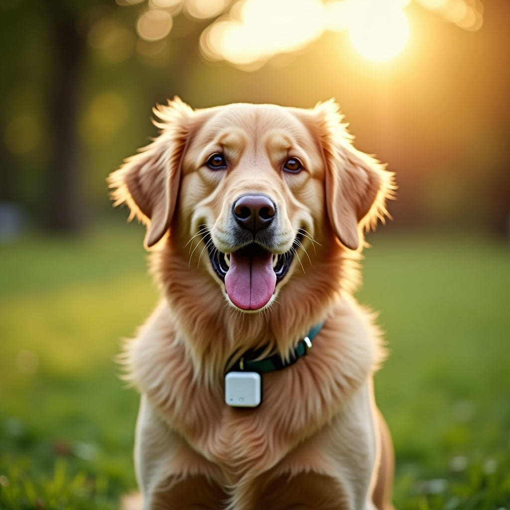 Golden retriever in park wearing BarkPulse GPS tracker